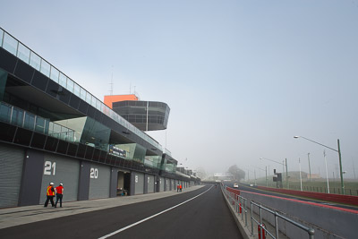 24-April-2011;28mm;Australia;Bathurst;Bathurst-Motor-Festival;Mt-Panorama;NSW;New-South-Wales;atmosphere;auto;building;fog;morning;motorsport;pitlane;racing;scenery;wide-angle