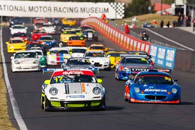 17;17;2011-Bathurst-Motor-Festival;24-April-2011;Australia;Bathurst;Bathurst-Motor-Festival;Mt-Panorama;NSW;New-South-Wales;Porsche-911;Porsche-997-GT3-Cup;Production-Sports-Cars;Ray-Angus;Topshot;auto;field;grid;motorsport;pack;racing;start;super-telephoto