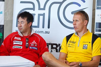 13-May-2011;APRC;Alister-McRae;Asia-Pacific-Rally-Championship;Australia;Caloundra;IROQ;International-Rally-Of-Queensland;Katsu-Taguchi;QLD;Queensland;Sunshine-Coast;auto;interview;motorsport;portrait;press-conference;racing;shakedown;telephoto