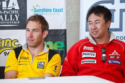 13-May-2011;APRC;Asia-Pacific-Rally-Championship;Australia;Caloundra;Chris-Atkinson;IROQ;International-Rally-Of-Queensland;Katsu-Taguchi;QLD;Queensland;Sunshine-Coast;auto;interview;motorsport;portrait;press-conference;racing;shakedown;telephoto