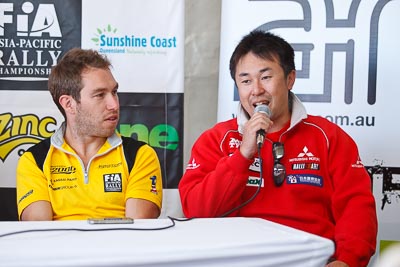 13-May-2011;APRC;Asia-Pacific-Rally-Championship;Australia;Caloundra;Chris-Atkinson;IROQ;International-Rally-Of-Queensland;Katsu-Taguchi;QLD;Queensland;Sunshine-Coast;auto;interview;motorsport;portrait;press-conference;racing;shakedown;telephoto