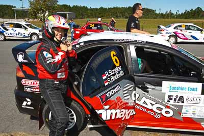 6;13-May-2011;6;APRC;Asia-Pacific-Rally-Championship;Australia;Caloundra;IROQ;International-Rally-Of-Queensland;Mitsubishi-Lancer-Evolution-IX;Pertamina-Cusco-Racing;QLD;Queensland;Rifat-Sungkar;Scott-Beckwith;Sunshine-Coast;auto;motorsport;portrait;racing;shakedown;wide-angle