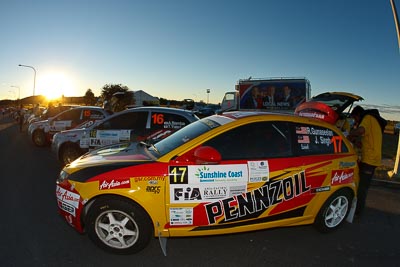 17;13-May-2011;17;APRC;Asia-Pacific-Rally-Championship;Australia;Caloundra;Gunaseelan-Rajoo;IROQ;International-Rally-Of-Queensland;Jagdev-Singh;Pennzoil-GSR-Racing-Team;Proton-Satria-Neo;QLD;Queensland;Sunshine-Coast;auto;fisheye;motorsport;racing;sky;sun;twilight