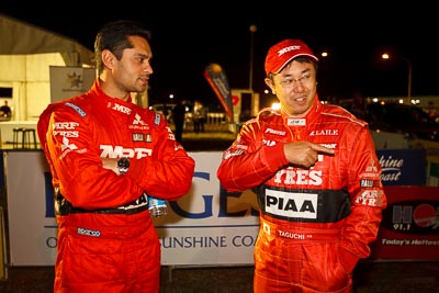 13-May-2011;APRC;Asia-Pacific-Rally-Championship;Australia;Caloundra;Gaurav-Gill;IROQ;International-Rally-Of-Queensland;Katsu-Taguchi;QLD;Queensland;Sunshine-Coast;auto;motorsport;night;portrait;racing;wide-angle