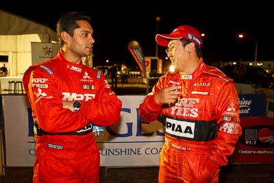 13-May-2011;APRC;Asia-Pacific-Rally-Championship;Australia;Caloundra;Gaurav-Gill;IROQ;International-Rally-Of-Queensland;Katsu-Taguchi;QLD;Queensland;Sunshine-Coast;auto;motorsport;night;portrait;racing;wide-angle
