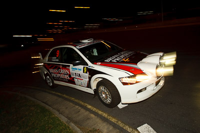 9;13-May-2011;9;APRC;Asia-Pacific-Rally-Championship;Australia;Brian-Green;Caloundra;Fleur-Pedersen;IROQ;International-Rally-Of-Queensland;Mitsubishi-Lancer-Evolution-IX;QLD;Queensland;Sunshine-Coast;auto;motorsport;night;racing;wide-angle