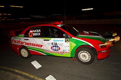 12;12;13-May-2011;APRC;Asia-Pacific-Rally-Championship;Australia;Bosowa-Rally-Team;Caloundra;Hade-Mboi;IROQ;International-Rally-Of-Queensland;Mitsubishi-Lancer-Evolution-IX;QLD;Queensland;Subhan-Aksa;Sunshine-Coast;auto;motorsport;night;racing;wide-angle