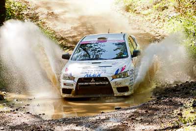 18;14-May-2011;APRC;Akiko-Nakagawa;Asia-Pacific-Rally-Championship;Atsushi-Masumura;Australia;IROQ;Imbil;International-Rally-Of-Queensland;Mitsubishi-Lancer-Evolution-X;QLD;Queensland;Sunshine-Coast;Super-Alex-Troop;auto;motorsport;racing;telephoto;water-splash