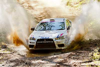 18;14-May-2011;APRC;Akiko-Nakagawa;Asia-Pacific-Rally-Championship;Atsushi-Masumura;Australia;IROQ;Imbil;International-Rally-Of-Queensland;Mitsubishi-Lancer-Evolution-X;QLD;Queensland;Sunshine-Coast;Super-Alex-Troop;auto;motorsport;racing;telephoto;water-splash