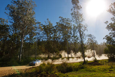 8;14-May-2011;8;APRC;Asia-Pacific-Rally-Championship;Australia;IROQ;Imbil;International-Rally-Of-Queensland;Jean‒Louis-Leyraud;Malcom-Peden;QLD;Queensland;Subaru-Impreza-WRX-STI;Sunshine-Coast;auto;motorsport;racing;sky;special-stage;sun;wide-angle