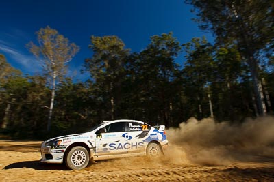 22;14-May-2011;22;ARC;Australia;Australian-Rally-Championship;IROQ;Imbil;International-Rally-Of-Queensland;John-McCarthy;Mitsubishi-Lancer-Evolution-X;QLD;Queensland;Sachs-Rally-Team;Steven-Shepheard;Sunshine-Coast;auto;motorsport;racing;special-stage;wide-angle