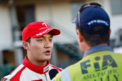 14-May-2011;APRC;Asia-Pacific-Rally-Championship;Australia;Hao-Yuan;IROQ;Imbil;International-Rally-Of-Queensland;QLD;Queensland;Sunshine-Coast;auto;interview;motorsport;portrait;racing;service-park;telephoto