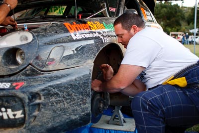 14-May-2011;28mm;ARC;Australia;Australian-Rally-Championship;DSA-Motorsport;IROQ;Imbil;International-Rally-Of-Queensland;QLD;Queensland;Sunshine-Coast;Warren-Phillip‒Clarke;auto;motorsport;portrait;racing;repair;service-park;wide-angle