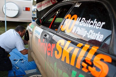 30;14-May-2011;28mm;30;ARC;Australia;Australian-Rally-Championship;DSA-Motorsport;IROQ;Imbil;International-Rally-Of-Queensland;Mark-Butcher;QLD;Queensland;Subaru-Impreza-WRX;Sunshine-Coast;Warren-Phillip‒Clarke;auto;brand;close‒up;detail;logo;motorsport;racing;service-park;wide-angle