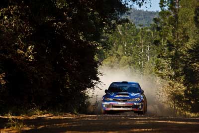 8;15-May-2011;8;APRC;Asia-Pacific-Rally-Championship;Australia;IROQ;Imbil;International-Rally-Of-Queensland;Jean‒Louis-Leyraud;Malcom-Peden;QLD;Queensland;Subaru-Impreza-WRX-STI;Sunshine-Coast;Topshot;auto;forest;motorsport;racing;special-stage;telephoto