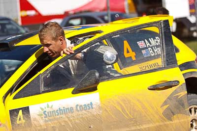 4;15-May-2011;4;APRC;Alister-McRae;Asia-Pacific-Rally-Championship;Australia;Bill-Hayes;IROQ;Imbil;International-Rally-Of-Queensland;Proton-Motorsports;Proton-Satria-Neo-S2000;QLD;Queensland;Sunshine-Coast;auto;motorsport;portrait;racing;service-park;telephoto