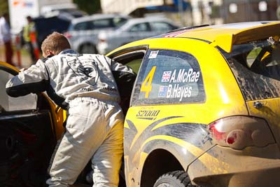 4;15-May-2011;4;APRC;Alister-McRae;Asia-Pacific-Rally-Championship;Australia;Bill-Hayes;IROQ;Imbil;International-Rally-Of-Queensland;Proton-Motorsports;Proton-Satria-Neo-S2000;QLD;Queensland;Sunshine-Coast;Topshot;auto;motorsport;portrait;pushing;racing;service-park;telephoto