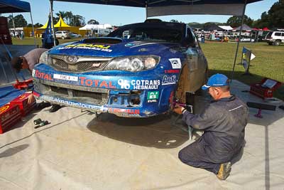 8;15-May-2011;8;APRC;Asia-Pacific-Rally-Championship;Australia;IROQ;Imbil;International-Rally-Of-Queensland;Jean‒Louis-Leyraud;Malcom-Peden;QLD;Queensland;Subaru-Impreza-WRX-STI;Sunshine-Coast;auto;motorsport;racing;service-park;wide-angle