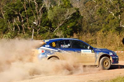 8;15-May-2011;8;APRC;Asia-Pacific-Rally-Championship;Australia;IROQ;Imbil;International-Rally-Of-Queensland;Jean‒Louis-Leyraud;Malcom-Peden;QLD;Queensland;Subaru-Impreza-WRX-STI;Sunshine-Coast;auto;motorsport;racing;special-stage;telephoto