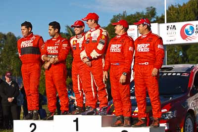 15-May-2011;APRC;Asia-Pacific-Rally-Championship;Australia;Gaurav-Gill;Glen-Macneall;IROQ;Ieuan-Thomas;Imbil;International-Rally-Of-Queensland;Katsu-Taguchi;Mark-Higgins;Mark-Stacey;QLD;Queensland;Sunshine-Coast;auto;motorsport;podium;portrait;racing;telephoto