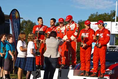 15-May-2011;APRC;Asia-Pacific-Rally-Championship;Australia;Gaurav-Gill;Glen-Macneall;IROQ;Ieuan-Thomas;Imbil;International-Rally-Of-Queensland;Katsu-Taguchi;Mark-Higgins;Mark-Stacey;QLD;Queensland;Sunshine-Coast;auto;motorsport;podium;portrait;racing;telephoto