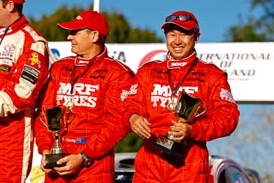 15-May-2011;APRC;Asia-Pacific-Rally-Championship;Australia;IROQ;Imbil;International-Rally-Of-Queensland;Katsu-Taguchi;QLD;Queensland;Sunshine-Coast;auto;motorsport;podium;portrait;racing;telephoto