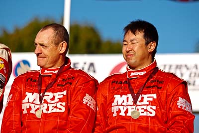 15-May-2011;APRC;Asia-Pacific-Rally-Championship;Australia;IROQ;Imbil;International-Rally-Of-Queensland;Katsu-Taguchi;Mark-Stacey;QLD;Queensland;Sunshine-Coast;auto;motorsport;podium;portrait;racing;telephoto