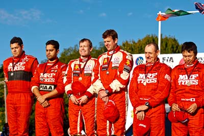 15-May-2011;APRC;Asia-Pacific-Rally-Championship;Australia;Gaurav-Gill;Glen-Macneall;IROQ;Ieuan-Thomas;Imbil;International-Rally-Of-Queensland;Mark-Higgins;Mark-Stacey;QLD;Queensland;Sunshine-Coast;auto;motorsport;podium;portrait;racing;telephoto