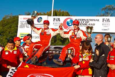 15-May-2011;APRC;Asia-Pacific-Rally-Championship;Australia;Hongyu-Pan;IROQ;Ieuan-Thomas;Imbil;International-Rally-Of-Queensland;Junwei-Fang;Mark-Higgins;QLD;Queensland;Sunshine-Coast;auto;motorsport;podium;racing;telephoto