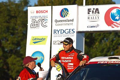 15-May-2011;APRC;Asia-Pacific-Rally-Championship;Australia;IROQ;Imbil;International-Rally-Of-Queensland;QLD;Queensland;Rifat-Sungkar;Sunshine-Coast;auto;motorsport;podium;portrait;racing;telephoto