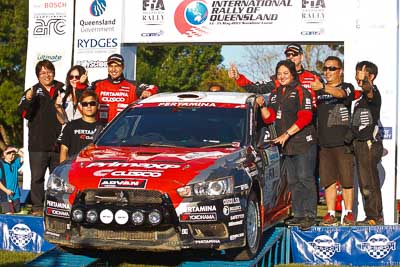 6;15-May-2011;6;APRC;Asia-Pacific-Rally-Championship;Australia;IROQ;Imbil;International-Rally-Of-Queensland;Mitsubishi-Lancer-Evolution-IX;Pertamina-Cusco-Racing;QLD;Queensland;Rifat-Sungkar;Scott-Beckwith;Sunshine-Coast;auto;motorsport;podium;racing;telephoto