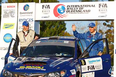 8;15-May-2011;8;APRC;Asia-Pacific-Rally-Championship;Australia;IROQ;Imbil;International-Rally-Of-Queensland;Jean‒Louis-Leyraud;Malcom-Peden;QLD;Queensland;Subaru-Impreza-WRX-STI;Sunshine-Coast;auto;motorsport;podium;racing;telephoto