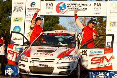 20;15-May-2011;20;ARC;Australia;Australian-Rally-Championship;IROQ;Imbil;International-Rally-Of-Queensland;John-Allen;QLD;Queensland;Ryan-Smart;Smart-Motorsport;Sunshine-Coast;Toyota-Corolla-Sportivo;auto;motorsport;podium;racing;telephoto