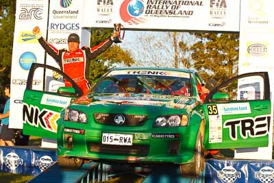 35;15-May-2011;35;ARC;Australia;Australian-Rally-Championship;Holden-Commodore-VE;IROQ;Imbil;International-Rally-Of-Queensland;John-Bruinsma;Lisa-White;QLD;Queensland;Sunshine-Coast;auto;motorsport;podium;racing;telephoto