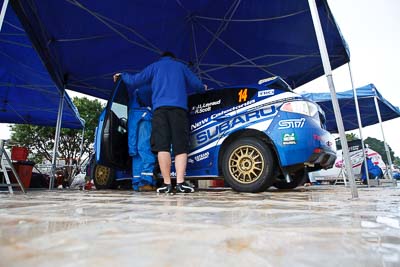 14;14;15-July-2011;APRC;Asia-Pacific-Rally-Championship;International-Rally-Of-Whangarei;Jean‒Louis-Leyraud;NZ;New-Zealand;Northland;Possum-Bourne-Motorsport;Rally;Rob-Scott;Subaru-Impreza-WRX-STI;Whangarei;auto;garage;motorsport;pre‒event;racing;service-park;wide-angle