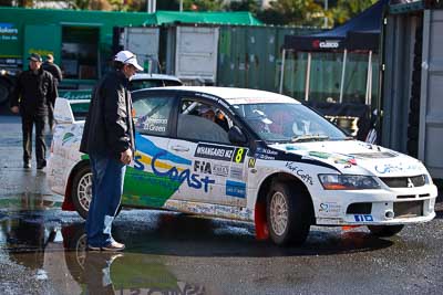 8;15-July-2011;8;APRC;Asia-Pacific-Rally-Championship;David-Green;International-Rally-Of-Whangarei;Mitsubishi-Lancer-Evolution-IX;NZ;Nathan-Quinn;New-Zealand;Northland;Rally;Whangarei;auto;garage;motorsport;pre‒event;racing;service-park;telephoto