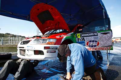 12;12;15-July-2011;APRC;Asia-Pacific-Rally-Championship;Bosowa-Rally-Team;Hade-Mboi;International-Rally-Of-Whangarei;Mitsubishi-Lancer-Evolution-IX;NZ;New-Zealand;Northland;Rally;Subhan-Aksa;Whangarei;auto;garage;mechanics;motorsport;pre‒event;racing;service-park;wide-angle