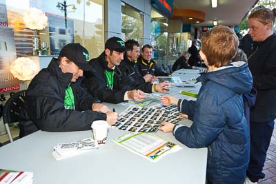 15-July-2011;APRC;Asia-Pacific-Rally-Championship;International-Rally-Of-Whangarei;John-Allen;Kingsley-Thompson;NZ;New-Zealand;Northland;Rally;Whangarei;auto;autograph;fans;garage;motorsport;portrait;pre‒event;racing;spectators;start;wide-angle