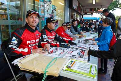 15-July-2011;APRC;Asia-Pacific-Rally-Championship;International-Rally-Of-Whangarei;NZ;New-Zealand;Northland;Rally;Rifat-Sungkar;Scott-Beckwith;Whangarei;auto;autograph;fans;garage;motorsport;portrait;pre‒event;racing;spectators;start;wide-angle
