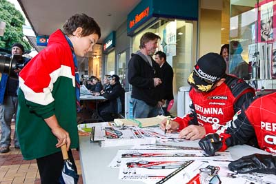 15-July-2011;APRC;Asia-Pacific-Rally-Championship;International-Rally-Of-Whangarei;NZ;New-Zealand;Northland;Rally;Scott-Beckwith;Whangarei;auto;autograph;fans;garage;motorsport;portrait;pre‒event;racing;spectators;start;wide-angle