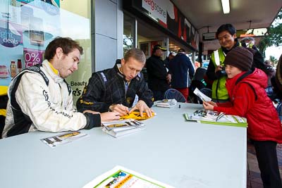 15-July-2011;APRC;Alister-McRae;Asia-Pacific-Rally-Championship;Chris-Atkinson;International-Rally-Of-Whangarei;NZ;New-Zealand;Northland;Rally;Whangarei;auto;autograph;fans;garage;motorsport;portrait;pre‒event;racing;spectators;start;wide-angle