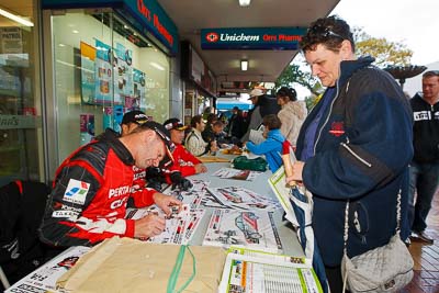 15-July-2011;APRC;Asia-Pacific-Rally-Championship;International-Rally-Of-Whangarei;NZ;New-Zealand;Northland;Rally;Scott-Beckwith;Whangarei;auto;autograph;fans;garage;motorsport;portrait;pre‒event;racing;spectators;start;wide-angle