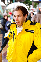 15-July-2011;APRC;Asia-Pacific-Rally-Championship;Chris-Atkinson;International-Rally-Of-Whangarei;NZ;New-Zealand;Northland;Rally;Whangarei;auto;garage;interview;media;motorsport;portrait;pre‒event;racing;start;telephoto