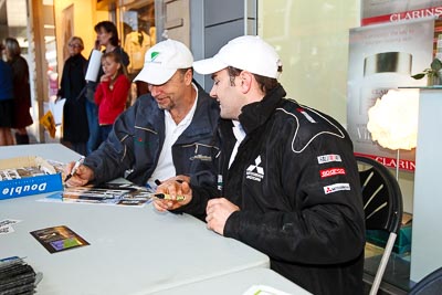 15-July-2011;APRC;Asia-Pacific-Rally-Championship;International-Rally-Of-Whangarei;NZ;Nathan-Quinn;New-Zealand;Northland;Rally;Whangarei;auto;autograph;fans;garage;motorsport;portrait;pre‒event;racing;spectators;start;wide-angle