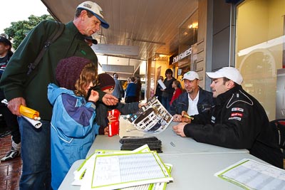 15-July-2011;APRC;Asia-Pacific-Rally-Championship;David-Green;International-Rally-Of-Whangarei;NZ;Nathan-Quinn;New-Zealand;Northland;Rally;Whangarei;auto;autograph;fans;garage;motorsport;portrait;pre‒event;racing;spectators;start;wide-angle