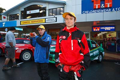15-July-2011;APRC;Asia-Pacific-Rally-Championship;Daniel-Willson;International-Rally-Of-Whangarei;Michael-Young;NZ;New-Zealand;Northland;Rally;Whangarei;auto;garage;motorsport;portrait;pre‒event;racing;start;wide-angle