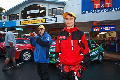 15-July-2011;APRC;Asia-Pacific-Rally-Championship;Daniel-Willson;International-Rally-Of-Whangarei;Michael-Young;NZ;New-Zealand;Northland;Rally;Whangarei;auto;garage;motorsport;portrait;pre‒event;racing;start;wide-angle