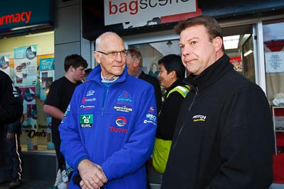 15-July-2011;APRC;Asia-Pacific-Rally-Championship;International-Rally-Of-Whangarei;Jean‒Louis-Leyraud;NZ;New-Zealand;Northland;Rally;Stephane-Prevot;Whangarei;auto;garage;motorsport;portrait;pre‒event;racing;start;wide-angle