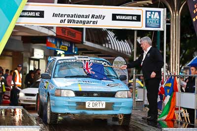 80;15-July-2011;80;APRC;Asia-Pacific-Rally-Championship;Corey-Lawton;International-Rally-Of-Whangarei;NZ;New-Zealand;Northland;Rally;Sam-Stubbs;Toyota-Starlet;Whangarei;auto;ceremonial-start;ceremony;garage;motorsport;pre‒event;racing;start;telephoto