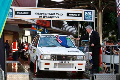 75;15-July-2011;75;APRC;Asia-Pacific-Rally-Championship;Chris-Davison;International-Rally-Of-Whangarei;Lee-Stringer;Mitsubishi-Lancer;NZ;New-Zealand;Northland;Rally;Whangarei;auto;ceremonial-start;ceremony;garage;motorsport;pre‒event;racing;start;telephoto